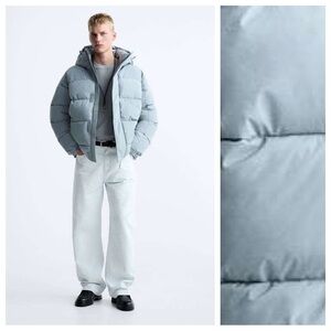 NWOT. Zara Man Light Gray Hooded Puffer Jacket. Size M.